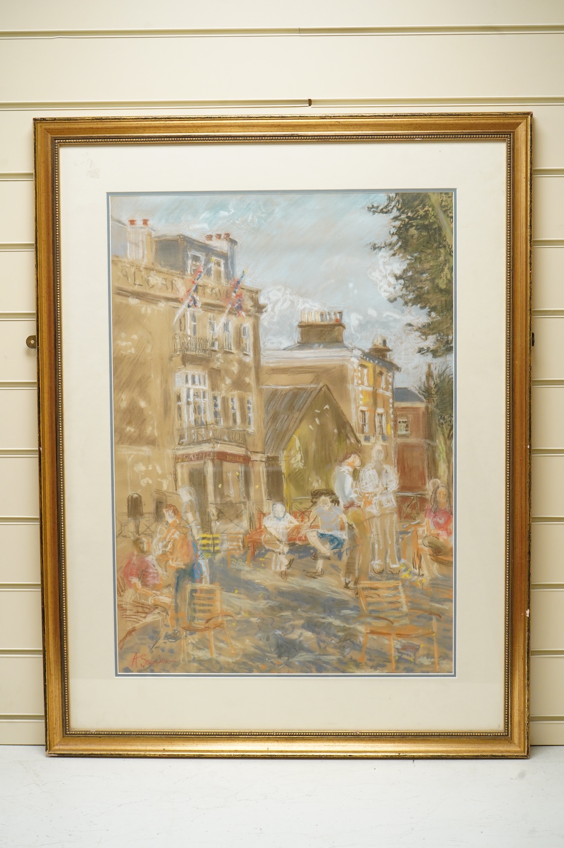 Modern British, Street scene with seated figures, indistinctly signed lower left, pastel, 69 x 49cm